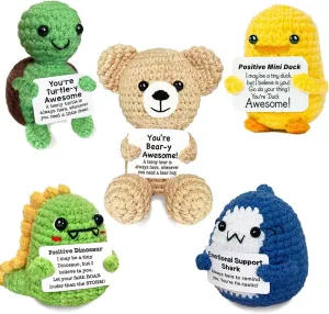 Emotional Support Crochet Animals, Positive Crochet Animals Handmade, Mini Crochet Animals with Positive Messages Emotional Support Shark Positive Turtle Duck Dinosaur, Coworker Inspirational Gifts
