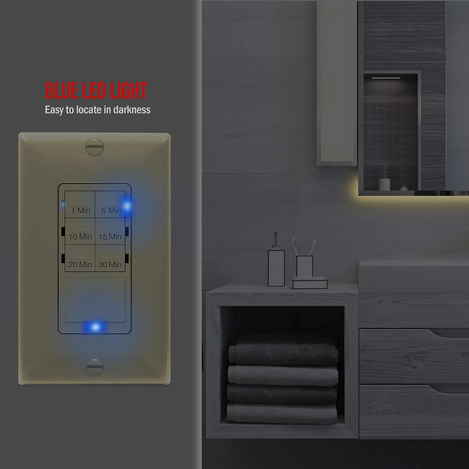 ENERLITES Countdown Timer Switch for bathroom fans and household lights, 1-5-10-15-20-30 Min Settings with Manual Override, Always On Blue LED, Neutral Wire Required, UL Listed, HET06A-R-I, Ivory