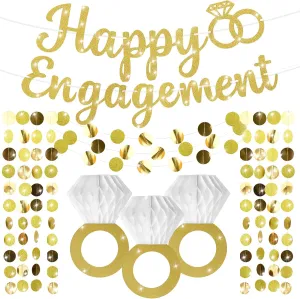 Engagement Party Decorations Gold Glitter Happy Engaged Banner Diamond Ring Hanging Honeycomb Decor Circle Dot Streamers Garland for Wedding Bachelorette Bridal Shower Anniversary Supplies Favors