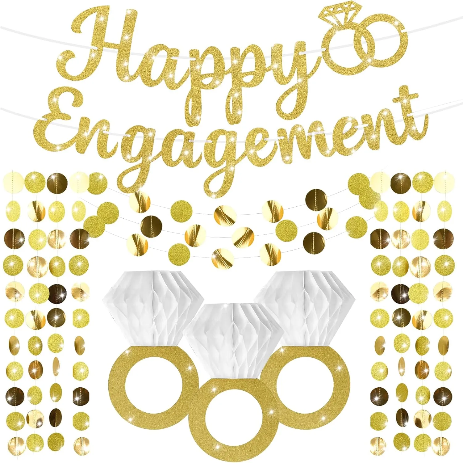 Engagement Party Decorations Gold Glitter Happy Engaged Banner Diamond Ring Hanging Honeycomb Decor Circle Dot Streamers Garland for Wedding Bachelorette Bridal Shower Anniversary Supplies Favors