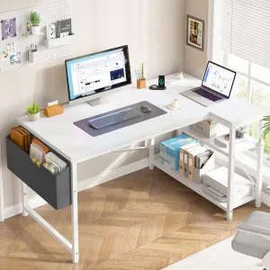 EnHomee 40 Inch Small L Shaped Desk with Storage Shelves & Side Bag, Computer Desk with Power Outlets, Reversible desks with X-Shaped Support for Bedroom, Home Office, White