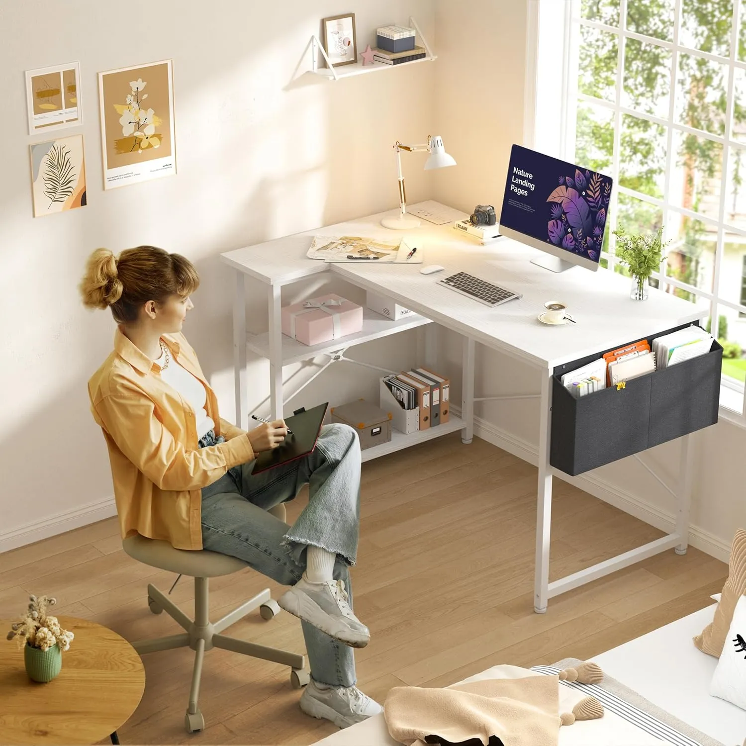 EnHomee 40 Inch Small L Shaped Desk with Storage Shelves & Side Bag, Computer Desk with Power Outlets, Reversible desks with X-Shaped Support for Bedroom, Home Office, White
