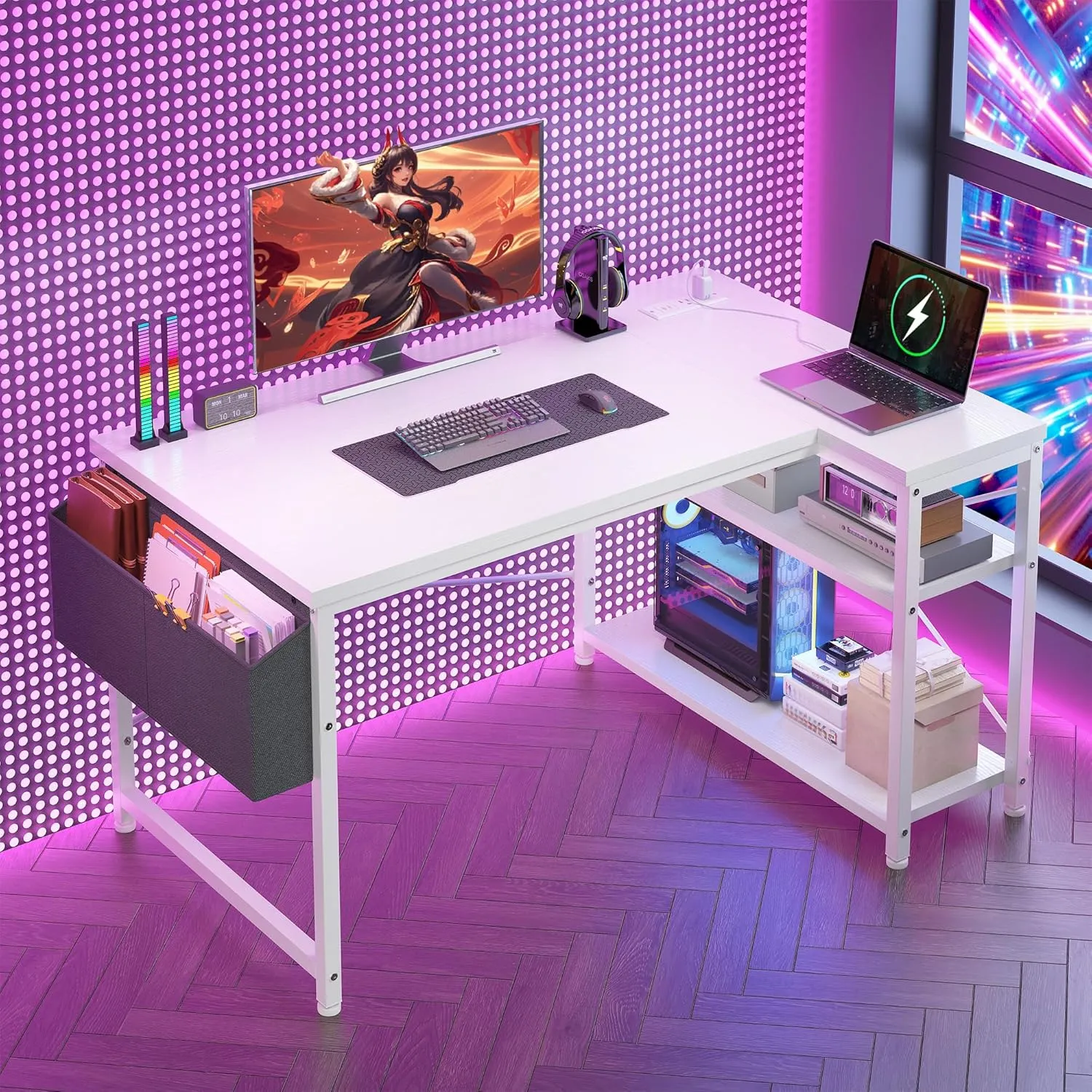 EnHomee 40 Inch Small L Shaped Desk with Storage Shelves & Side Bag, Computer Desk with Power Outlets, Reversible desks with X-Shaped Support for Bedroom, Home Office, White