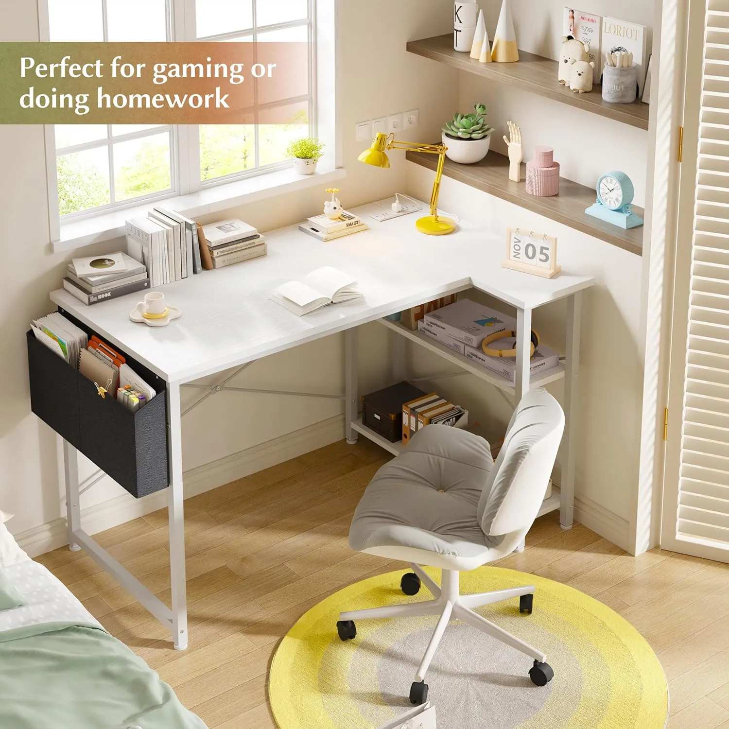EnHomee 40 Inch Small L Shaped Desk with Storage Shelves & Side Bag, Computer Desk with Power Outlets, Reversible desks with X-Shaped Support for Bedroom, Home Office, White