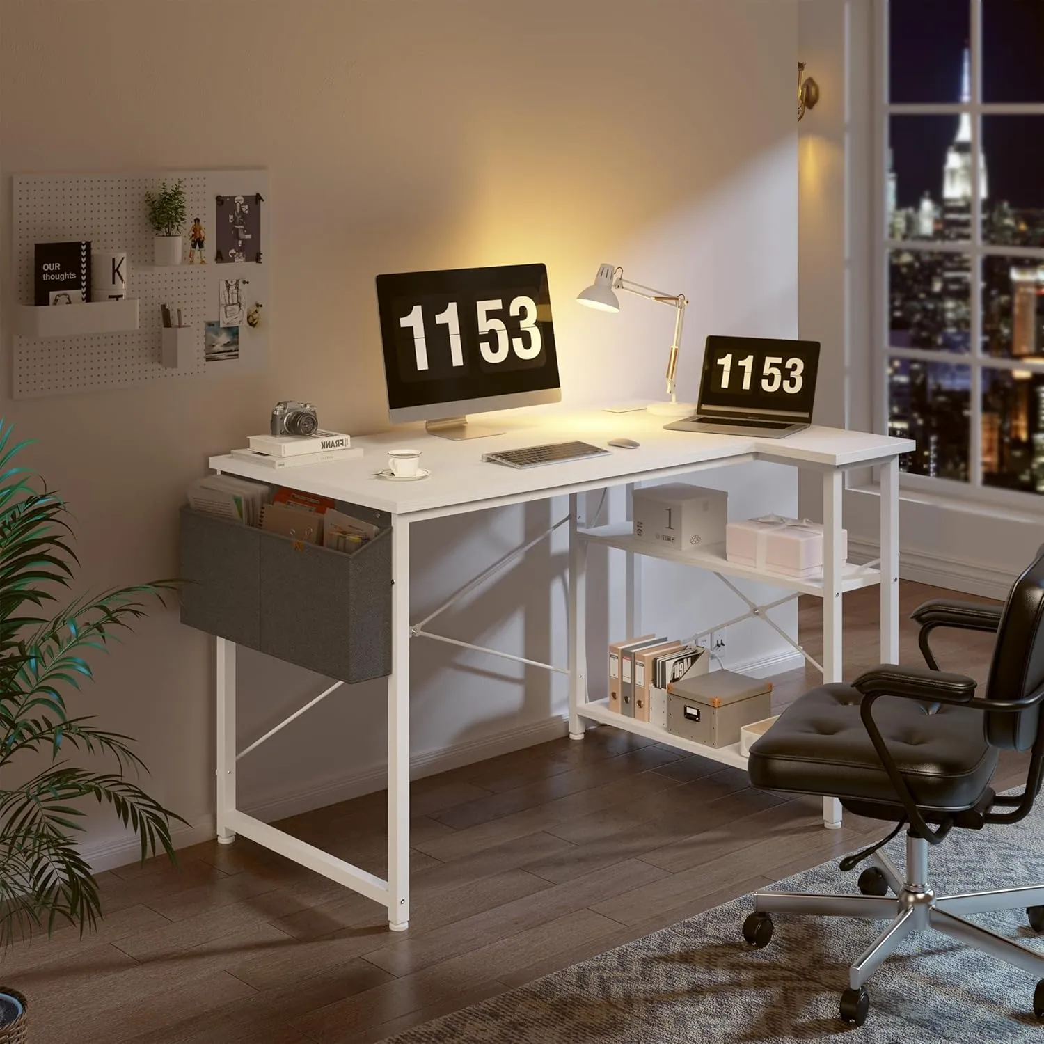 EnHomee 40 Inch Small L Shaped Desk with Storage Shelves & Side Bag, Computer Desk with Power Outlets, Reversible desks with X-Shaped Support for Bedroom, Home Office, White