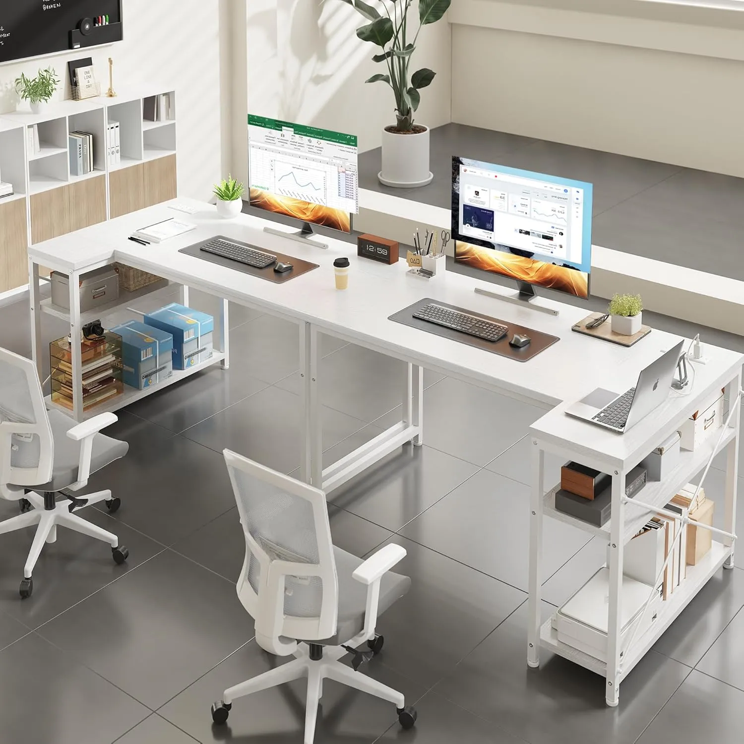 EnHomee 40 Inch Small L Shaped Desk with Storage Shelves & Side Bag, Computer Desk with Power Outlets, Reversible desks with X-Shaped Support for Bedroom, Home Office, White