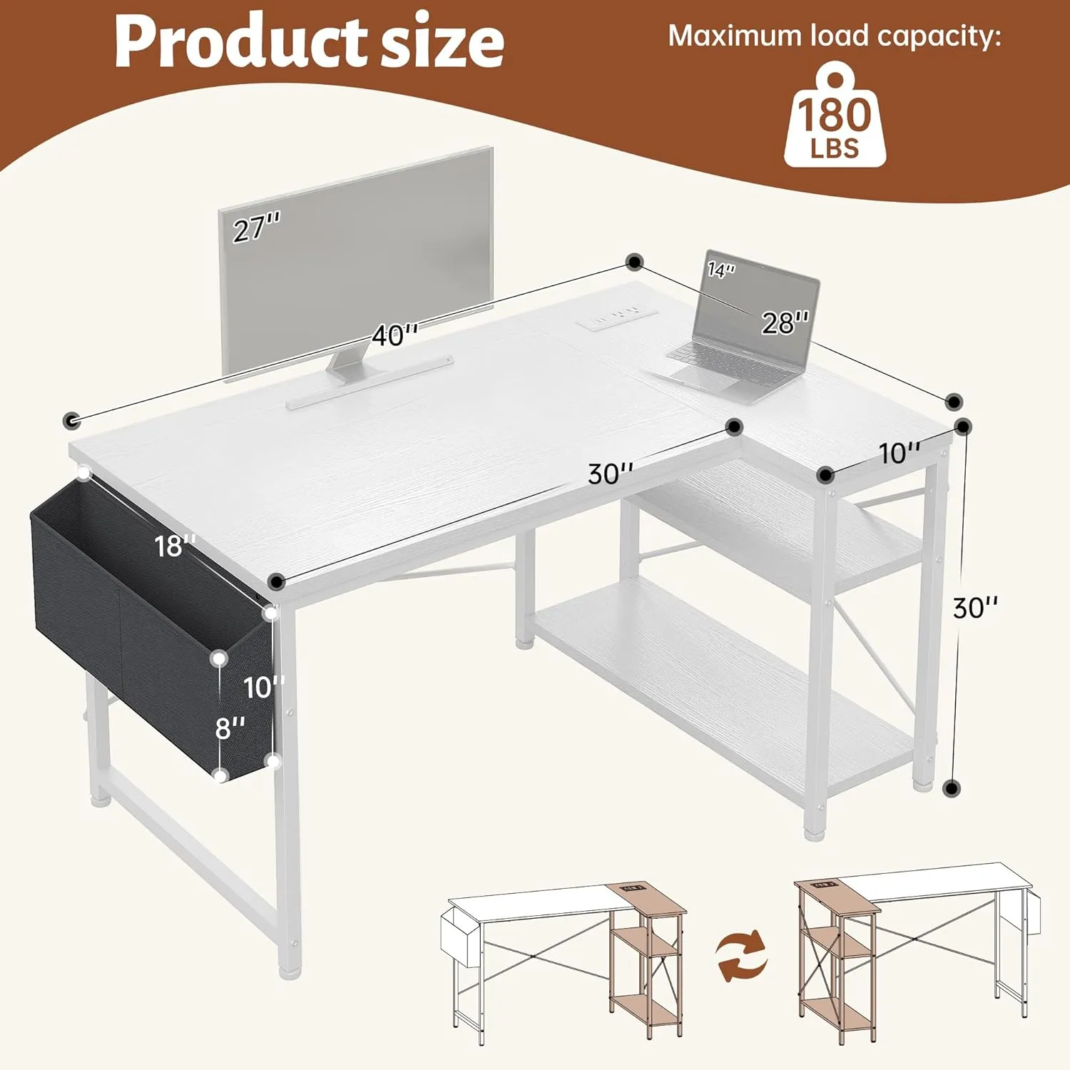 EnHomee 40 Inch Small L Shaped Desk with Storage Shelves & Side Bag, Computer Desk with Power Outlets, Reversible desks with X-Shaped Support for Bedroom, Home Office, White