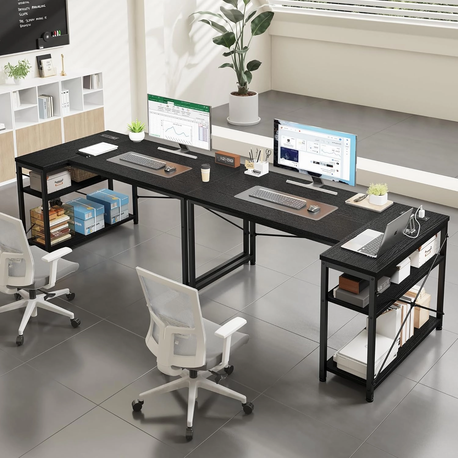 EnHomee 40 Inch Small L Shaped Desk with Storage Shelves & Side Bag, Computer Desk with Power Outlets, Reversible desks with X-Shaped Support for Bedroom, Home Office, Black