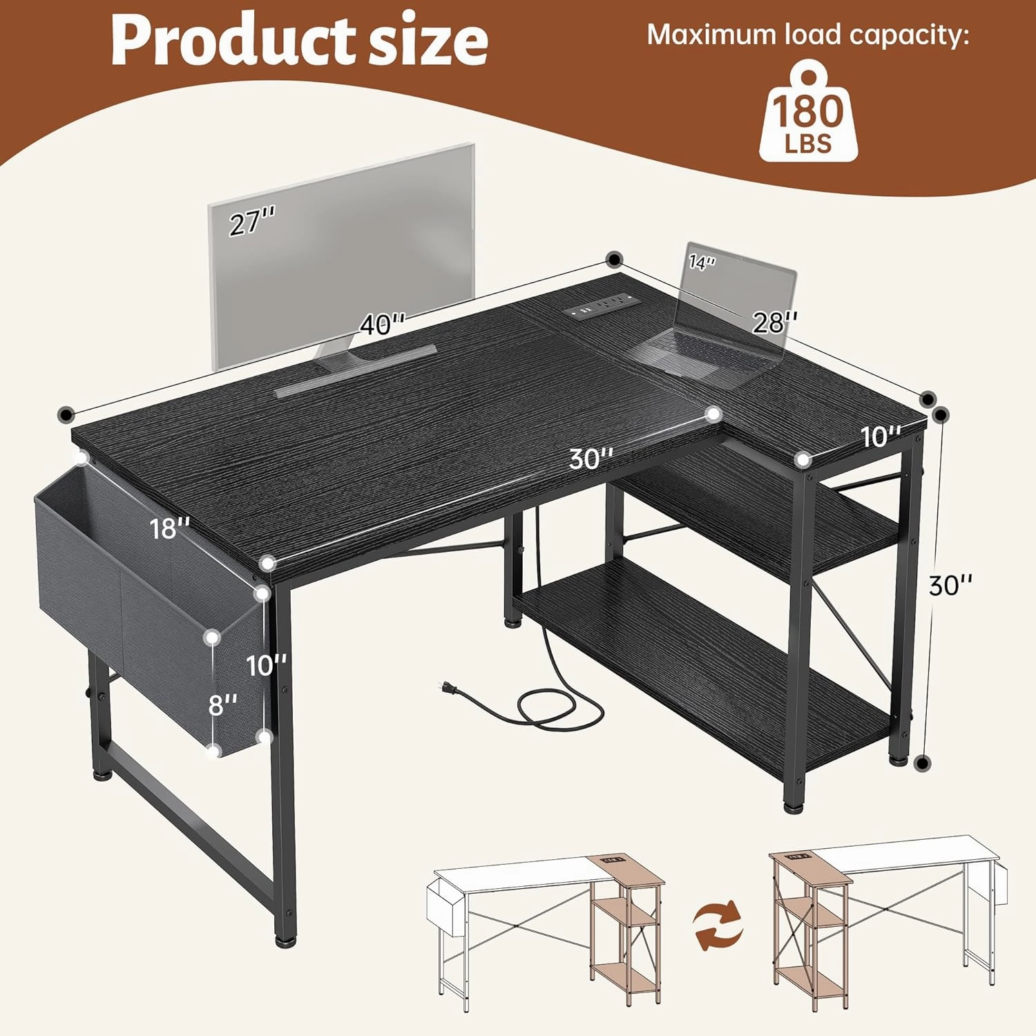 EnHomee 40 Inch Small L Shaped Desk with Storage Shelves & Side Bag, Computer Desk with Power Outlets, Reversible desks with X-Shaped Support for Bedroom, Home Office, Black