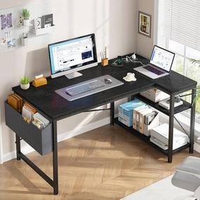 EnHomee 40 Inch Small L Shaped Desk with Storage Shelves & Side Bag, Computer Desk with Power Outlets, Reversible desks with X-Shaped Support for Bedroom, Home Office, Black
