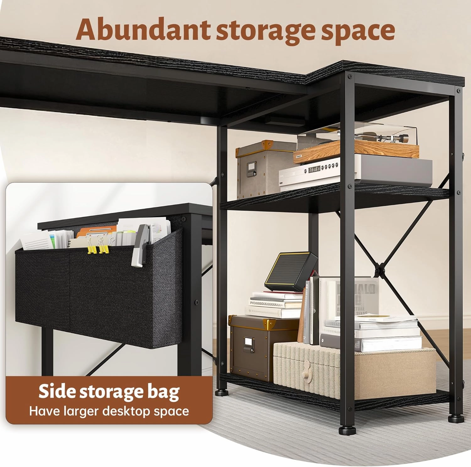 EnHomee 40 Inch Small L Shaped Desk with Storage Shelves & Side Bag, Computer Desk with Power Outlets, Reversible desks with X-Shaped Support for Bedroom, Home Office, Black