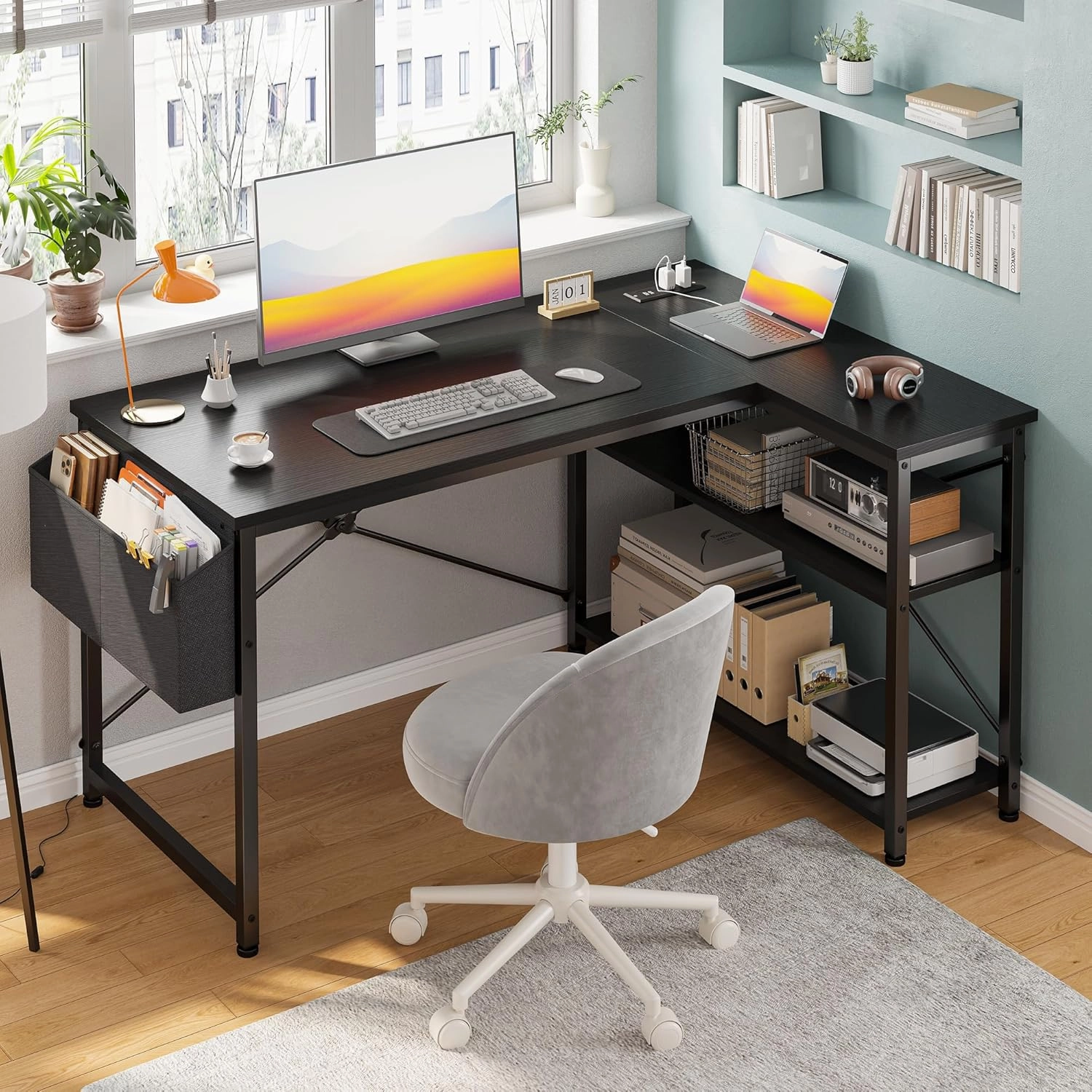 EnHomee 40 Inch Small L Shaped Desk with Storage Shelves & Side Bag, Computer Desk with Power Outlets, Reversible desks with X-Shaped Support for Bedroom, Home Office, Black