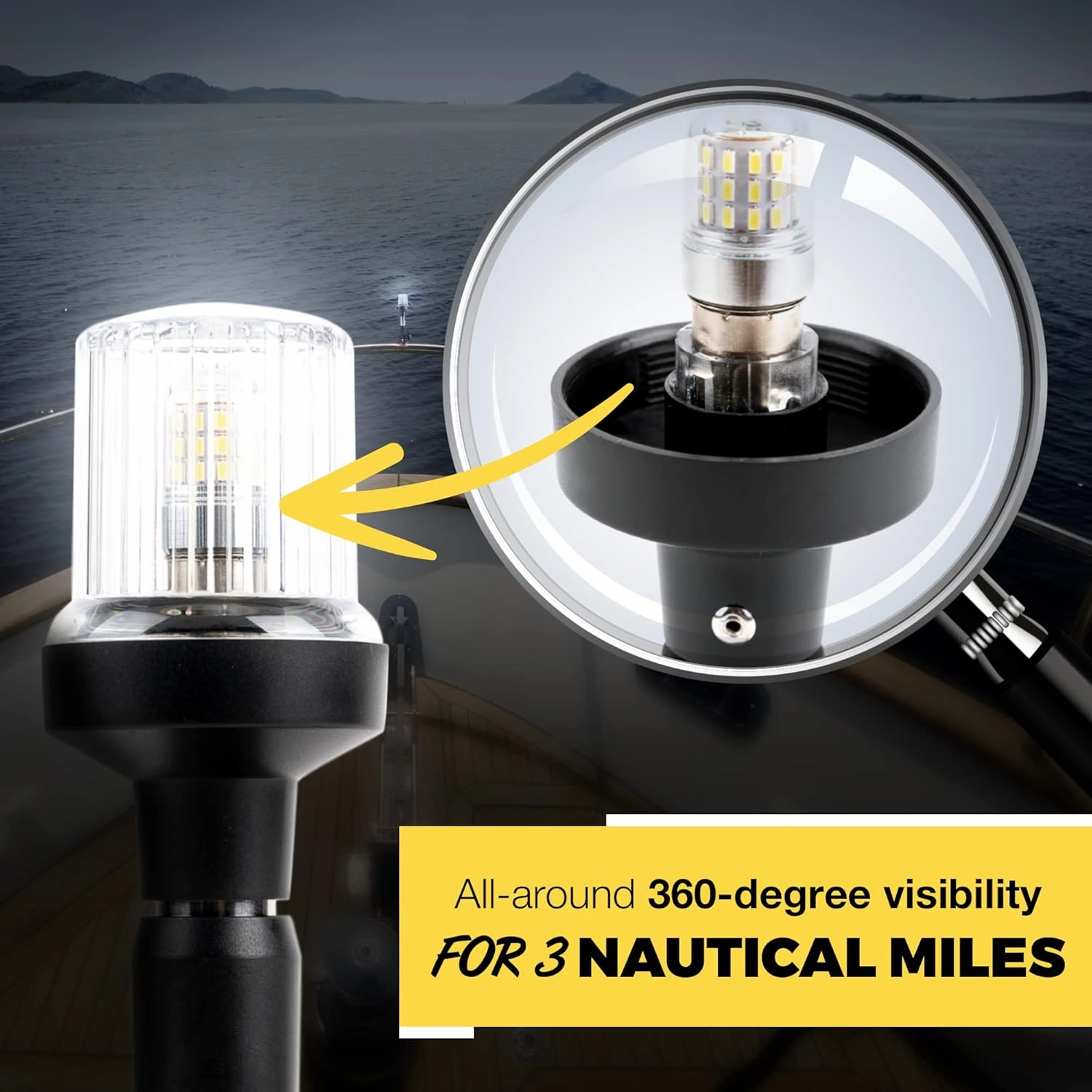 EVERBEAM P600 Adjustable Stainless Steel Anchor Light for Fishing Boats and Marine Vessels - Gives 360 Degree Visibility for 3 Nautical Miles - Weatherproof Fold Down 36pc LED inc. Fittings and Manual