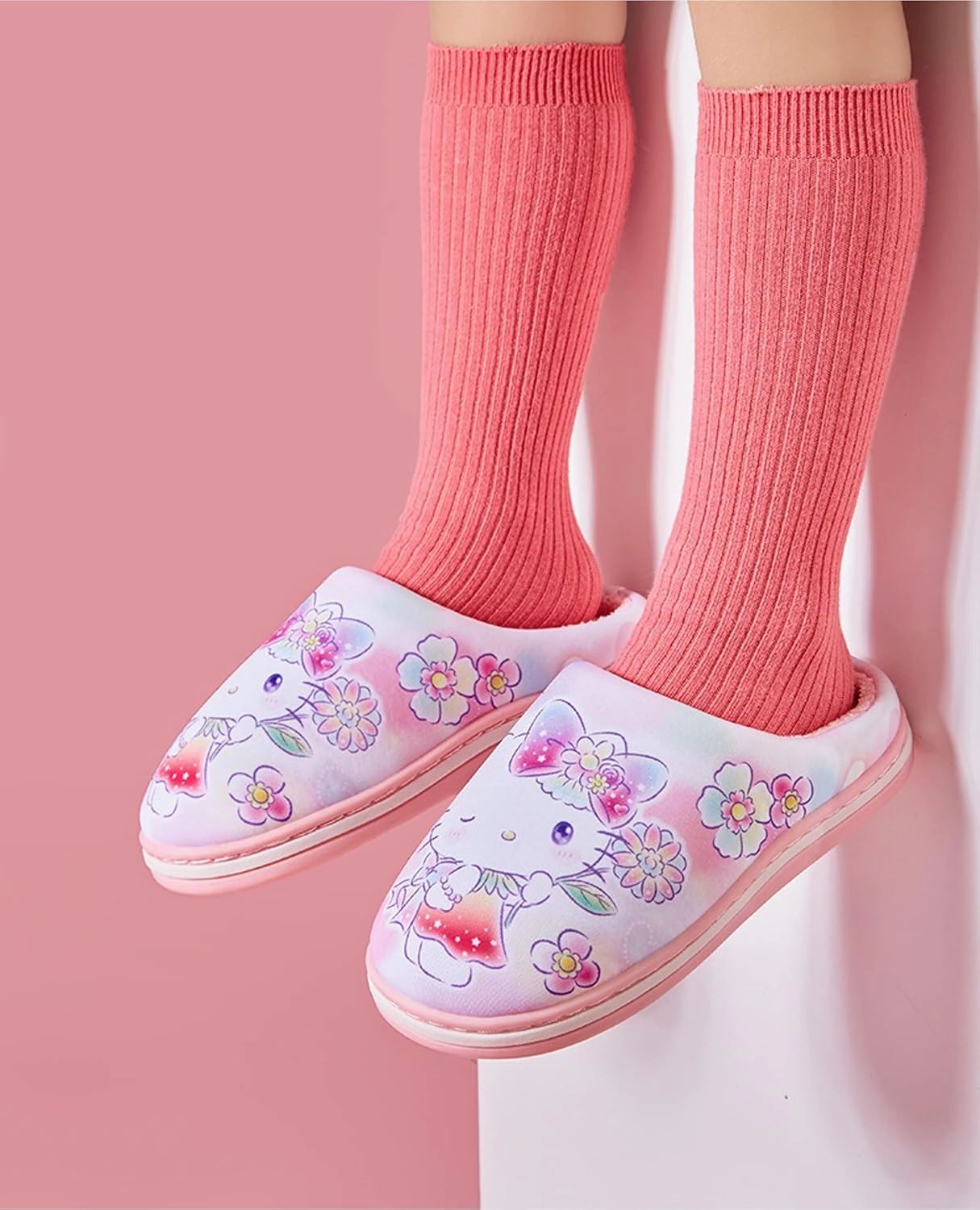 Everyday Delights Hello Kitty Flowers Plush Slippers for Girls Kids Children