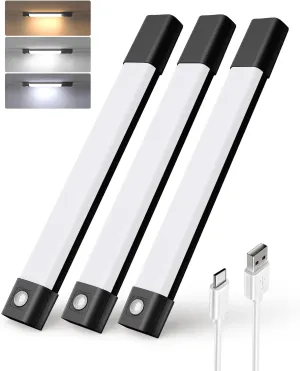 EZVALO Under Cabinet Lighting, 50 LED Rechargeable Under Cabinet Lights Wireless, 3 Color Temps 11.8in Motion Sensor Light Indoor, Dimmer Closet Lights for Kitchen, Cabinet, Bedroom (3 Pcs, Black)
