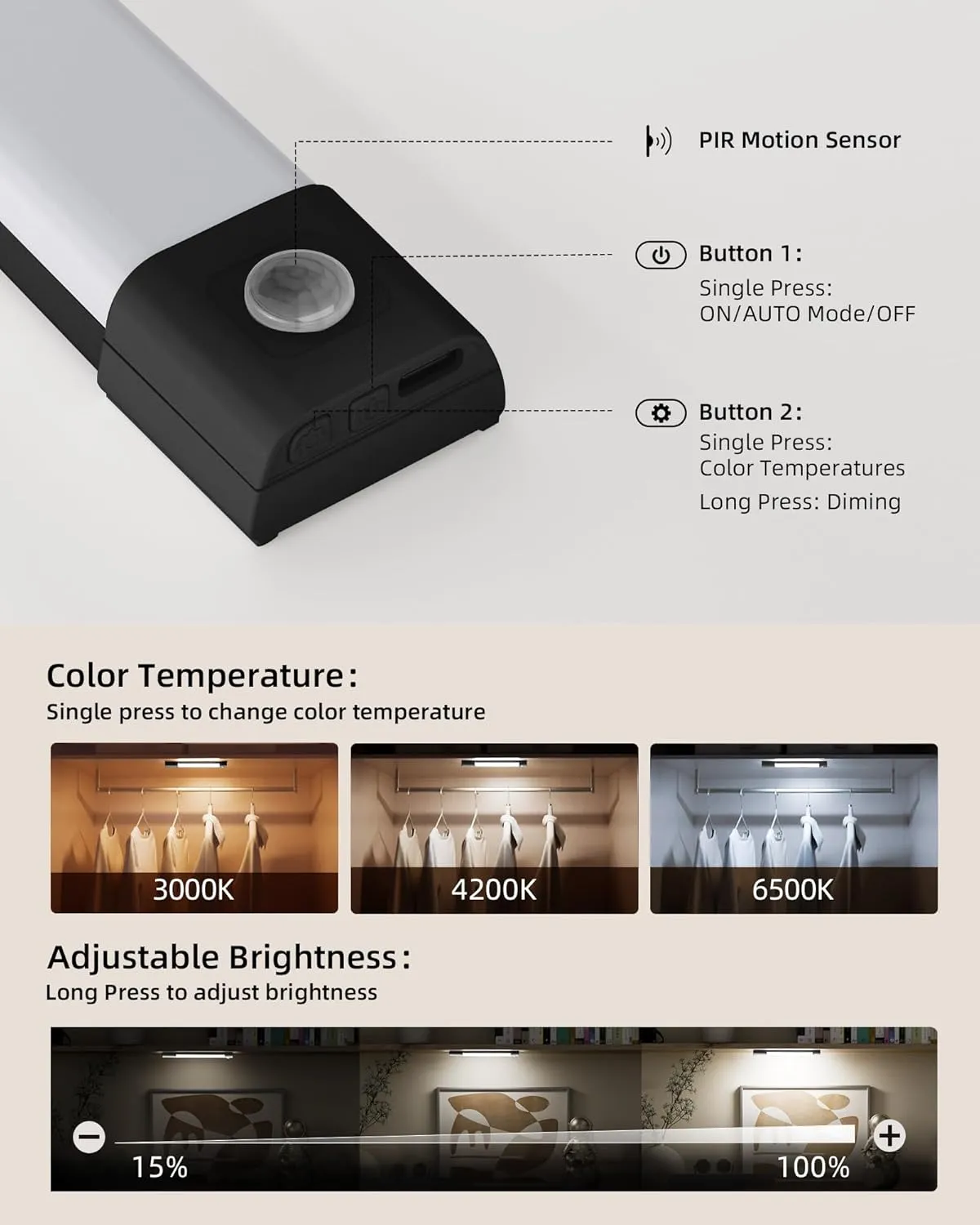 EZVALO Under Cabinet Lighting, 50 LED Rechargeable Under Cabinet Lights Wireless, 3 Color Temps 11.8in Motion Sensor Light Indoor, Dimmer Closet Lights for Kitchen, Cabinet, Bedroom (3 Pcs, Black)