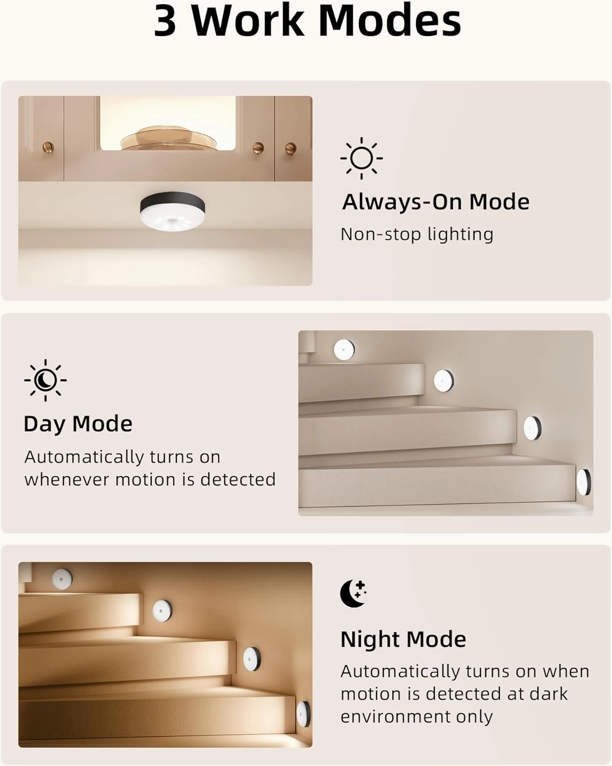 EZVALO Under Cabinet Lighting,1000mAh Rechargeable Puck Lights with Remote,3 Color Temps & 12 RGB Motion Sensor Closet Lights Indoor,Dimmable Under Cabinet Lights for Kitchen,Cabinets,Closet (3 Packs)