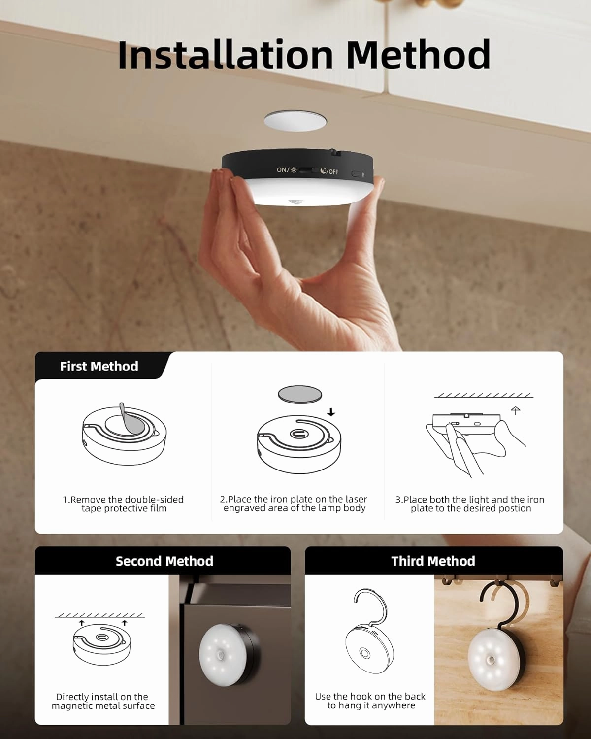 EZVALO Under Cabinet Lighting,1000mAh Rechargeable Puck Lights with Remote,3 Color Temps & 12 RGB Motion Sensor Closet Lights Indoor,Dimmable Under Cabinet Lights for Kitchen,Cabinets,Closet (3 Packs)