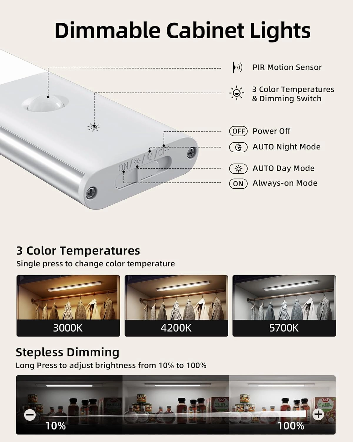 EZVALO Under Cabinet Lighting, 2-Pack Motion Sensor Lights with 3 Detachable Batteries, 76 LED Dimmable Closet Lights, 3 Color Temps, Under Counter Lights for Kitchen, Wardrobe, Pantry