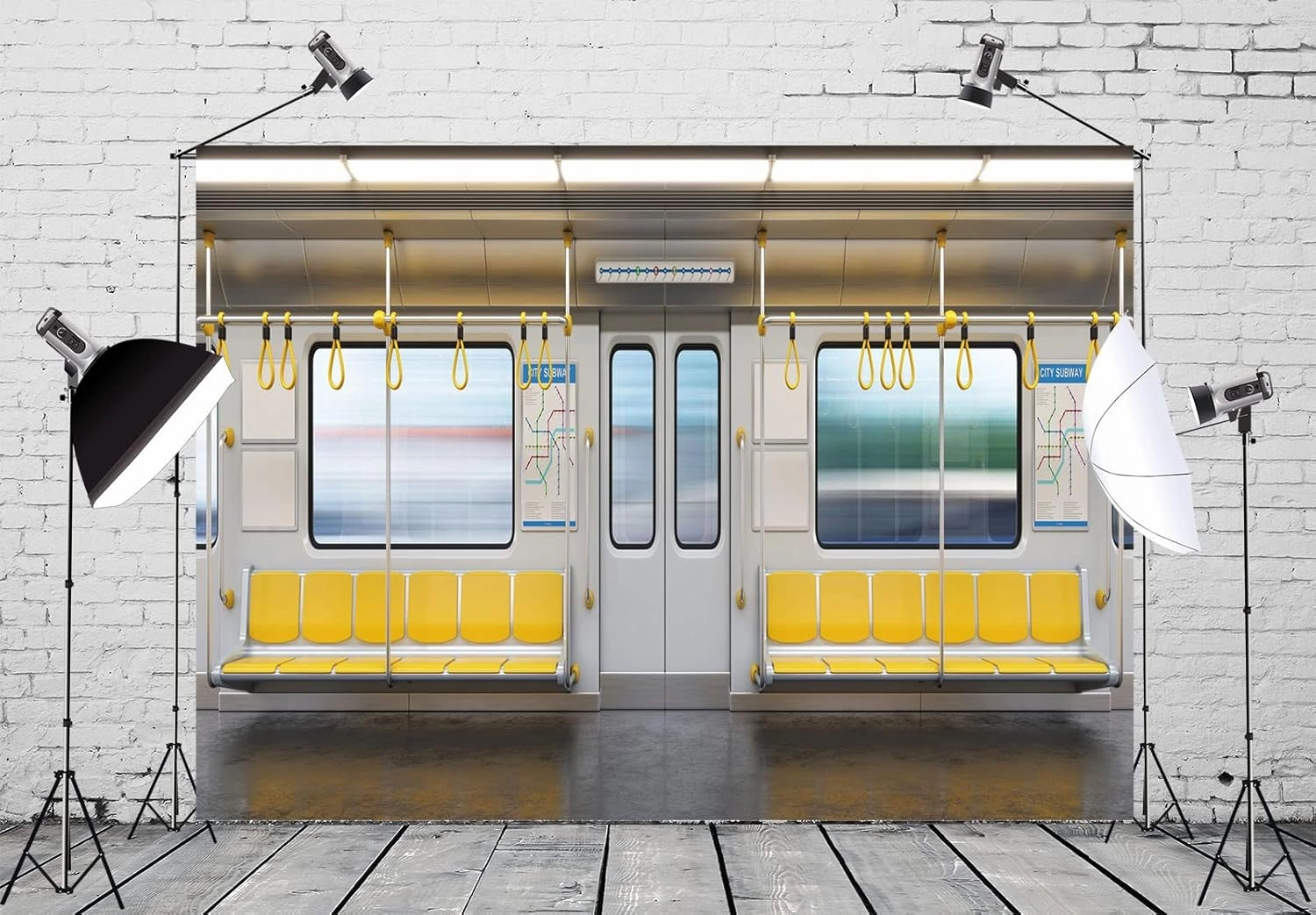 Fabric 7x5ft City Subway Car Backdrop for Photography 3D Metro Cross Section Empty Interior Public Seat Background Birthday Party Decorations Event Banner Kids Adults Portrait Photo Booth Props