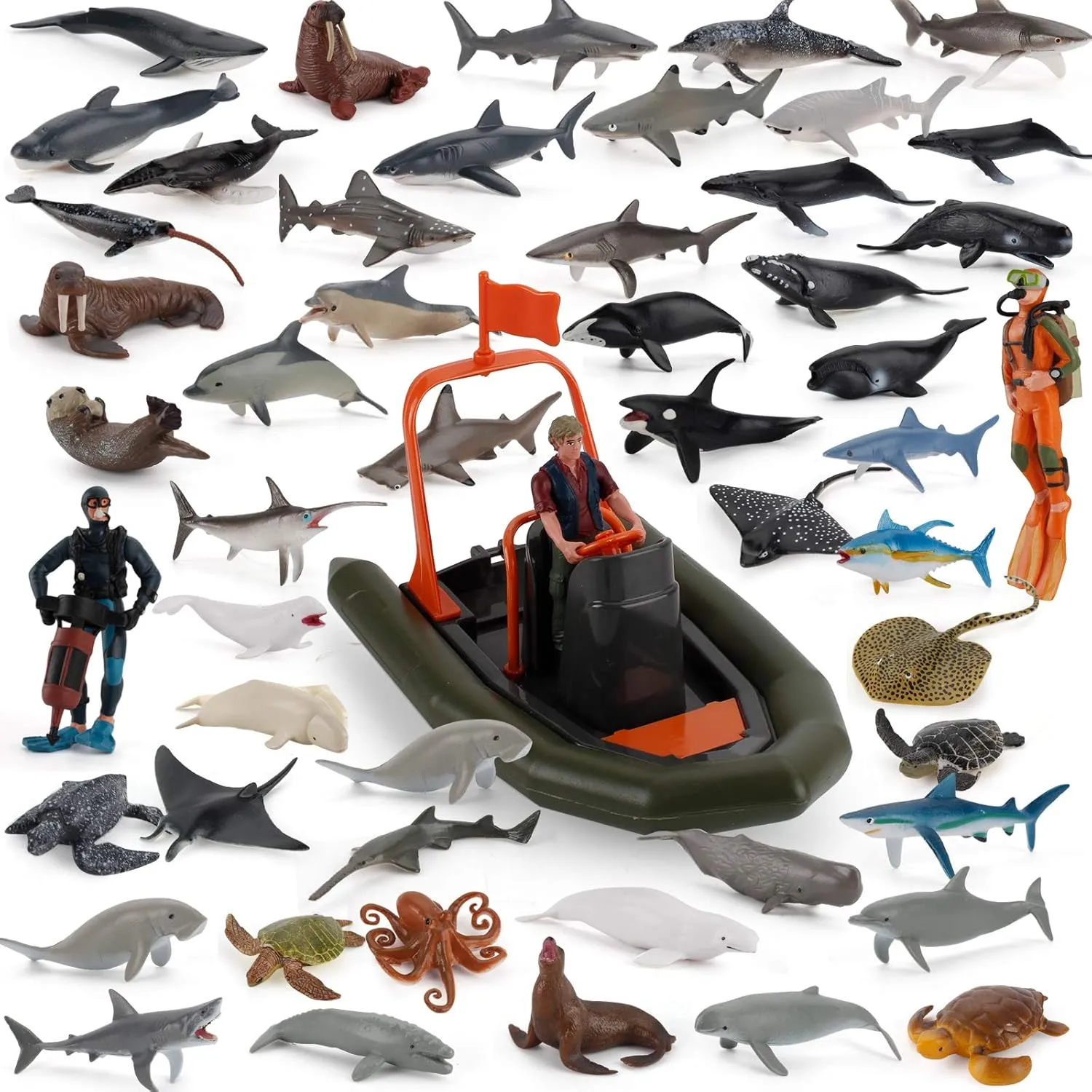 Fantarea 50 PCS Mini Ocean Sea Marine Animal Figures Model Whale Shark Turtle Diver Figurine Party Favors Supplies Cake Toppers Decoration Collection Bath Toys for Kid Boys Girls