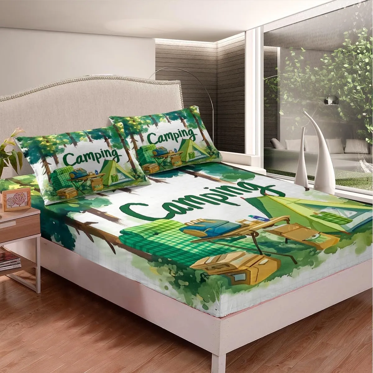 Feelyou Camping Bed Sheets Set Full Size Tents Sheet Set for Kids Boys Girls Camping Chair and Desk Sheets with Deep Pocket Fitted Sheet Forest Bedding Set Bright Green