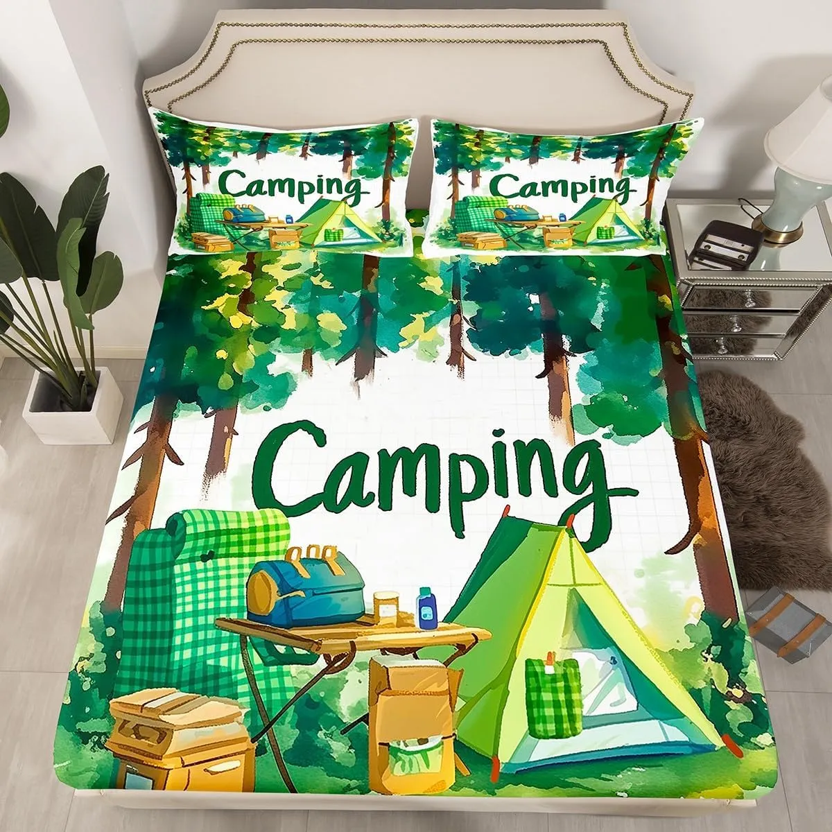 Feelyou Camping Bed Sheets Set Full Size Tents Sheet Set for Kids Boys Girls Camping Chair and Desk Sheets with Deep Pocket Fitted Sheet Forest Bedding Set Bright Green