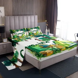 Feelyou Camping Bed Sheets Set Full Size Tents Sheet Set for Kids Boys Girls Camping Chair and Desk Sheets with Deep Pocket Fitted Sheet Forest Bedding Set Bright Green