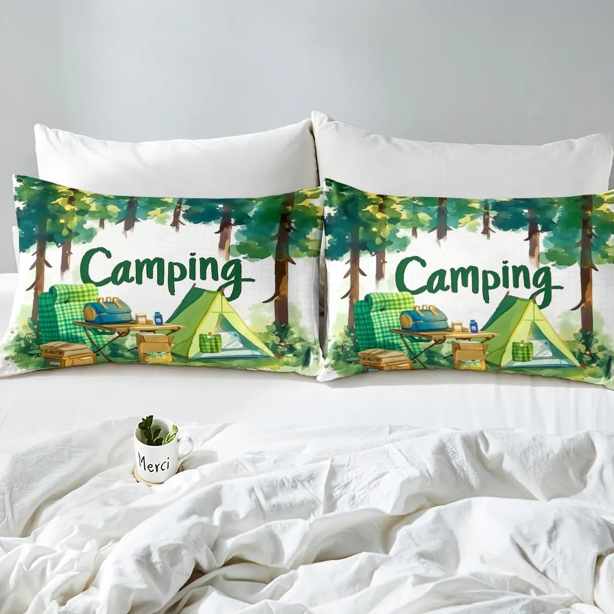 Feelyou Camping Bed Sheets Set Full Size Tents Sheet Set for Kids Boys Girls Camping Chair and Desk Sheets with Deep Pocket Fitted Sheet Forest Bedding Set Bright Green