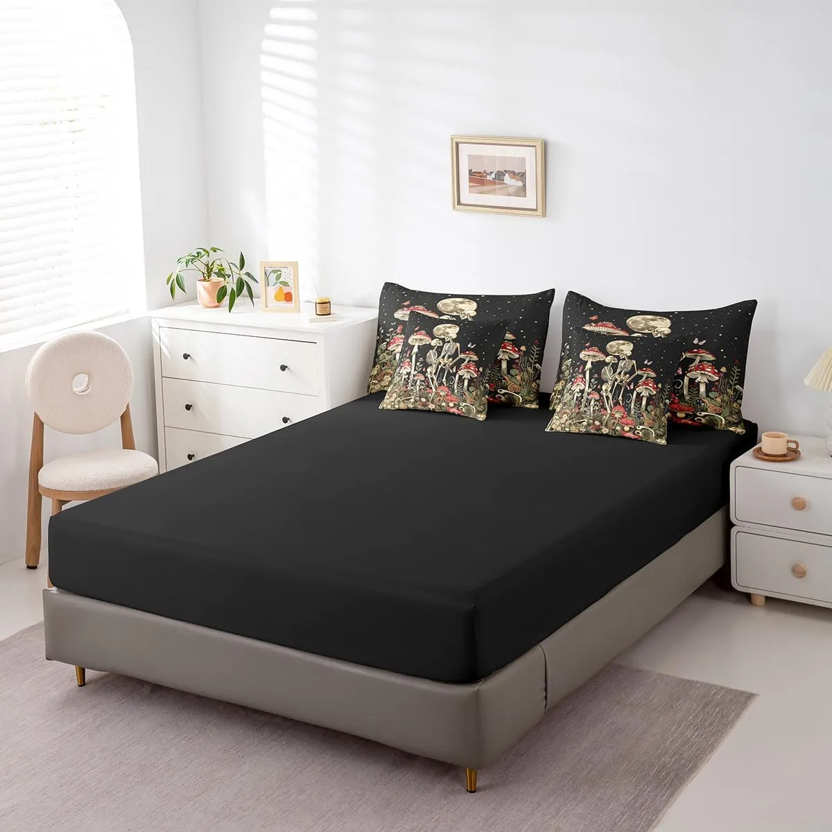 Feelyou Cute Mushroom Decor 7 Pieces Bedding Set Boys Girls King Size Moon Comforter Set with Sheets Ultra Soft Skull Bed in a Bag Mushroom Bedspread Cover Room Decor Wild Mushroom