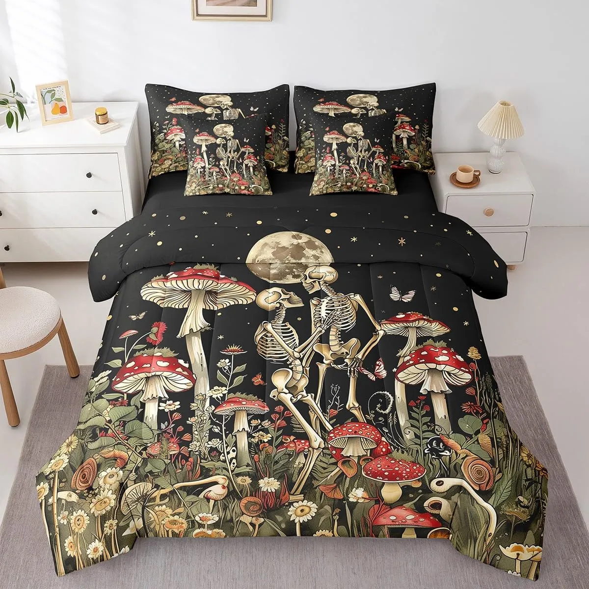 Feelyou Cute Mushroom Decor 7 Pieces Bedding Set Boys Girls King Size Moon Comforter Set with Sheets Ultra Soft Skull Bed in a Bag Mushroom Bedspread Cover Room Decor Wild Mushroom