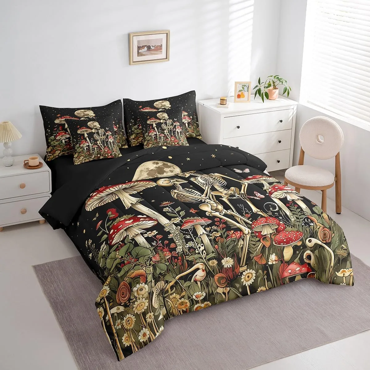 Feelyou Cute Mushroom Decor 7 Pieces Bedding Set Boys Girls King Size Moon Comforter Set with Sheets Ultra Soft Skull Bed in a Bag Mushroom Bedspread Cover Room Decor Wild Mushroom