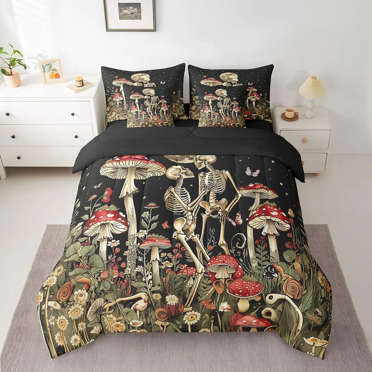 Feelyou Cute Mushroom Decor 7 Pieces Bedding Set Boys Girls King Size Moon Comforter Set with Sheets Ultra Soft Skull Bed in a Bag Mushroom Bedspread Cover Room Decor Wild Mushroom