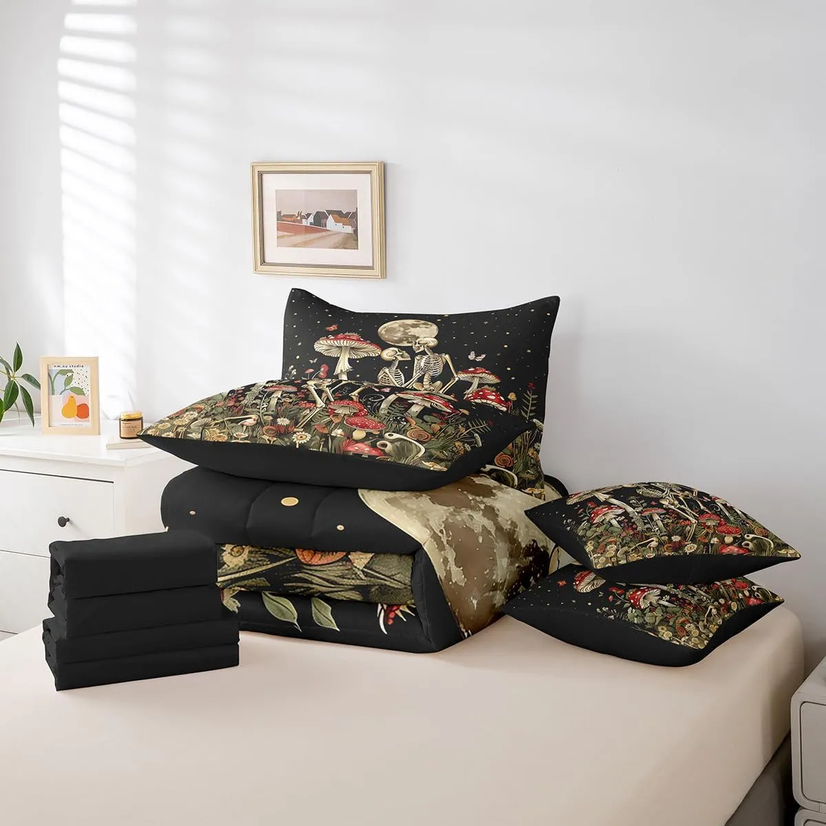 Feelyou Cute Mushroom Decor 7 Pieces Bedding Set Boys Girls King Size Moon Comforter Set with Sheets Ultra Soft Skull Bed in a Bag Mushroom Bedspread Cover Room Decor Wild Mushroom
