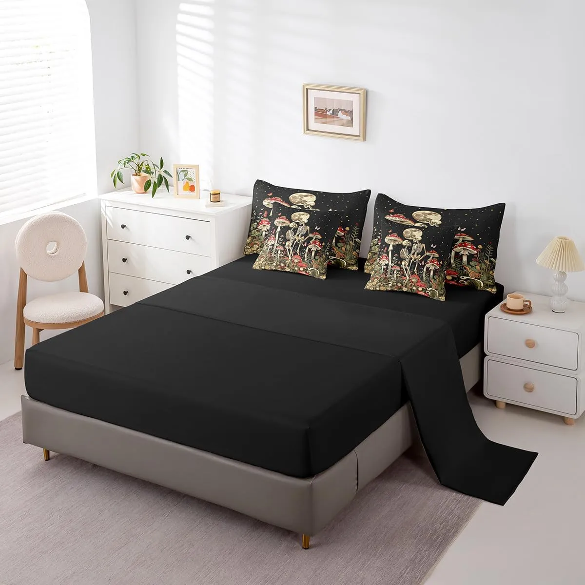 Feelyou Cute Mushroom Decor 7 Pieces Bedding Set Boys Girls King Size Moon Comforter Set with Sheets Ultra Soft Skull Bed in a Bag Mushroom Bedspread Cover Room Decor Wild Mushroom