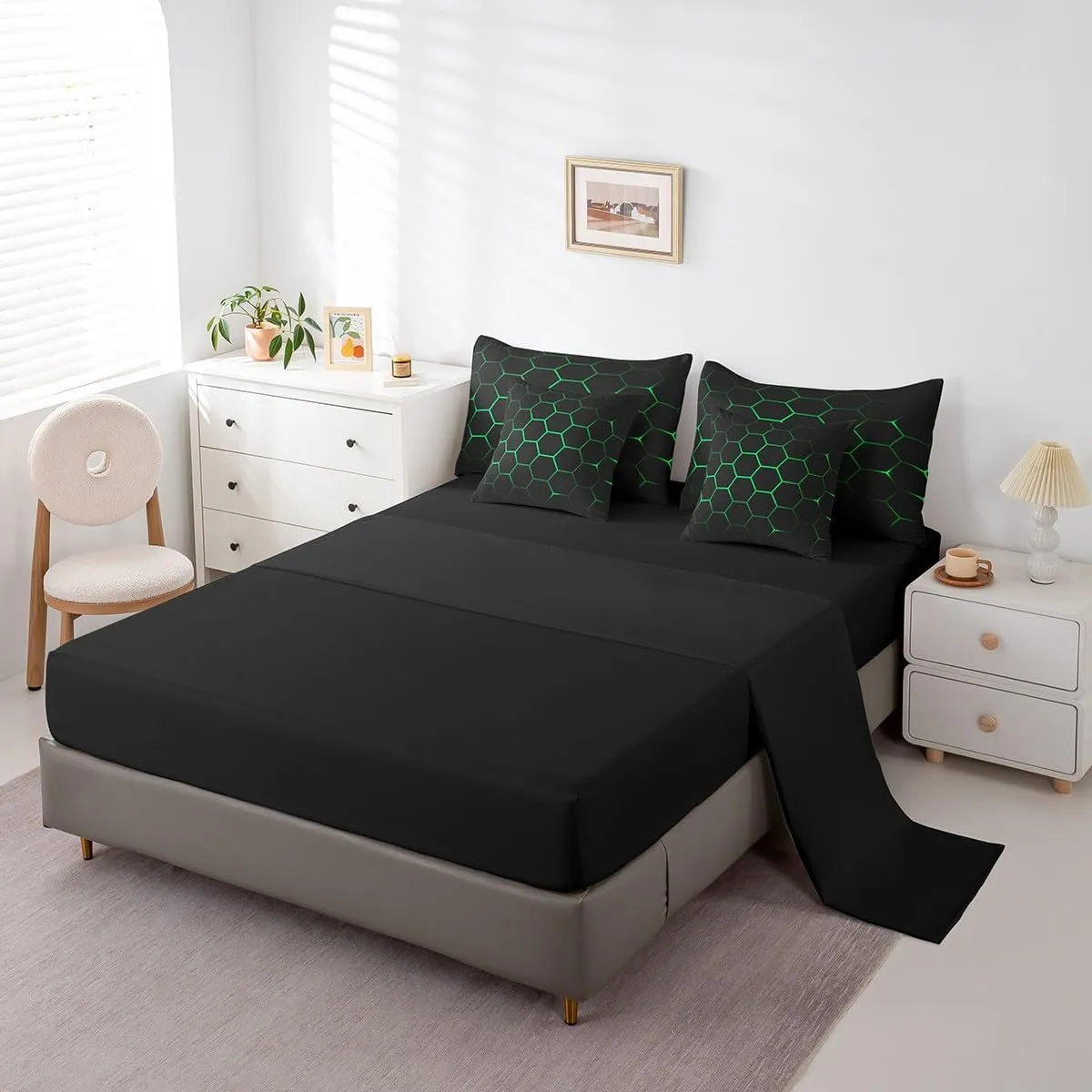 Feelyou Hexagonal Bed in a Bag 3D Geometric Honeycomb Comforter Set with Sheets for Kids Boys Girls Luxury Beehive Hexagon 7 Piece Bedding Set Neon Green Black Decor Bed Set Full Size