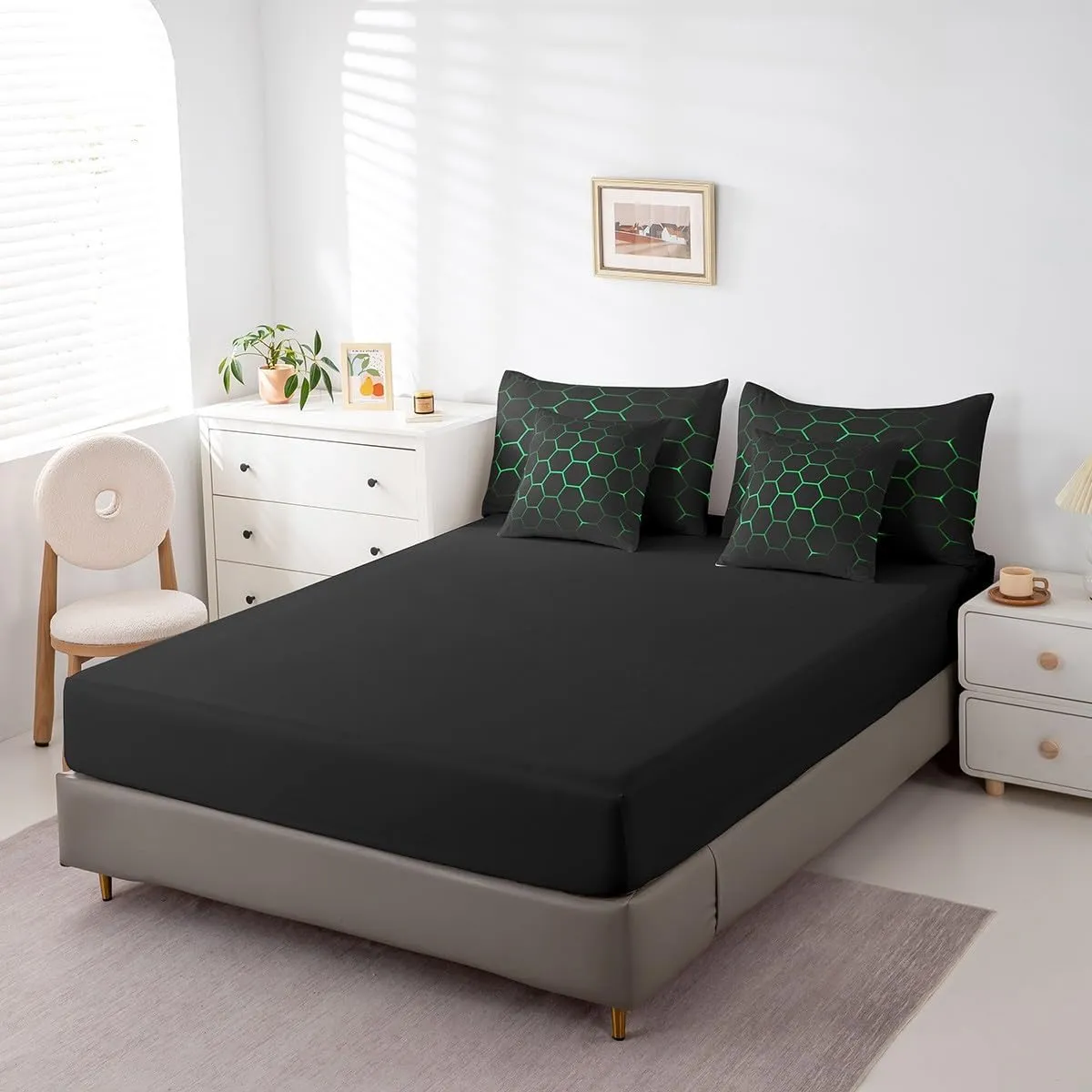 Feelyou Hexagonal Bed in a Bag 3D Geometric Honeycomb Comforter Set with Sheets for Kids Boys Girls Luxury Beehive Hexagon 7 Piece Bedding Set Neon Green Black Decor Bed Set Full Size