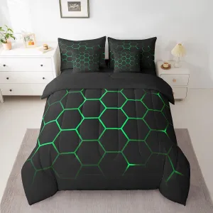 Feelyou Hexagonal Bed in a Bag 3D Geometric Honeycomb Comforter Set with Sheets for Kids Boys Girls Luxury Beehive Hexagon 7 Piece Bedding Set Neon Green Black Decor Bed Set Full Size