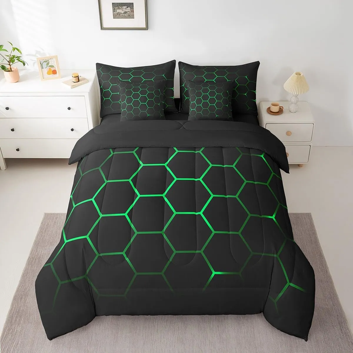 Feelyou Hexagonal Bed in a Bag 3D Geometric Honeycomb Comforter Set with Sheets for Kids Boys Girls Luxury Beehive Hexagon 7 Piece Bedding Set Neon Green Black Decor Bed Set Full Size