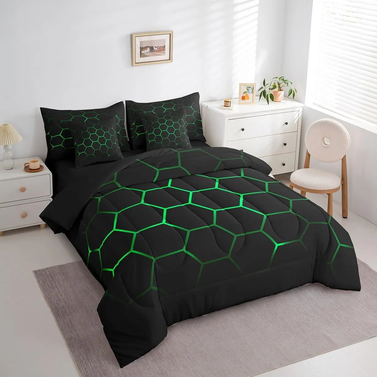 Feelyou Hexagonal Bed in a Bag 3D Geometric Honeycomb Comforter Set with Sheets for Kids Boys Girls Luxury Beehive Hexagon 7 Piece Bedding Set Neon Green Black Decor Bed Set Full Size