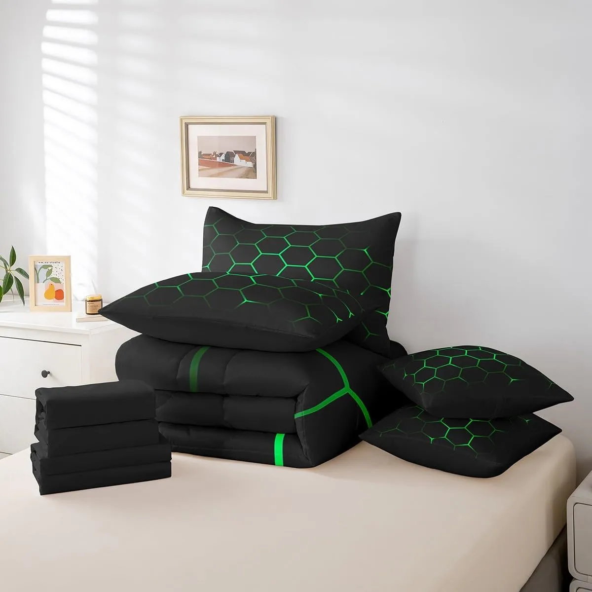 Feelyou Hexagonal Bed in a Bag 3D Geometric Honeycomb Comforter Set with Sheets for Kids Boys Girls Luxury Beehive Hexagon 7 Piece Bedding Set Neon Green Black Decor Bed Set Full Size