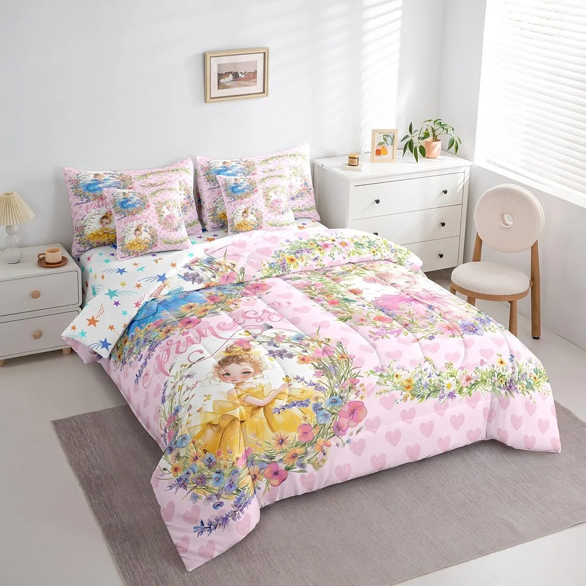 Feelyou Princess Comforter Set 7 Pieces Queen Size for Kids Boys Girls Cute Kawaii Bedding Set Floral Flower Bed in a Bag,Comforter   Sheets   Pillowcases   Cushion Covers
