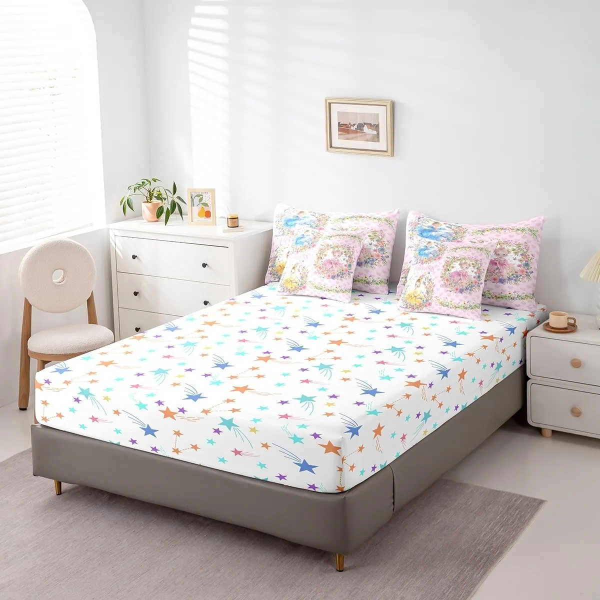 Feelyou Princess Comforter Set 7 Pieces Queen Size for Kids Boys Girls Cute Kawaii Bedding Set Floral Flower Bed in a Bag,Comforter   Sheets   Pillowcases   Cushion Covers
