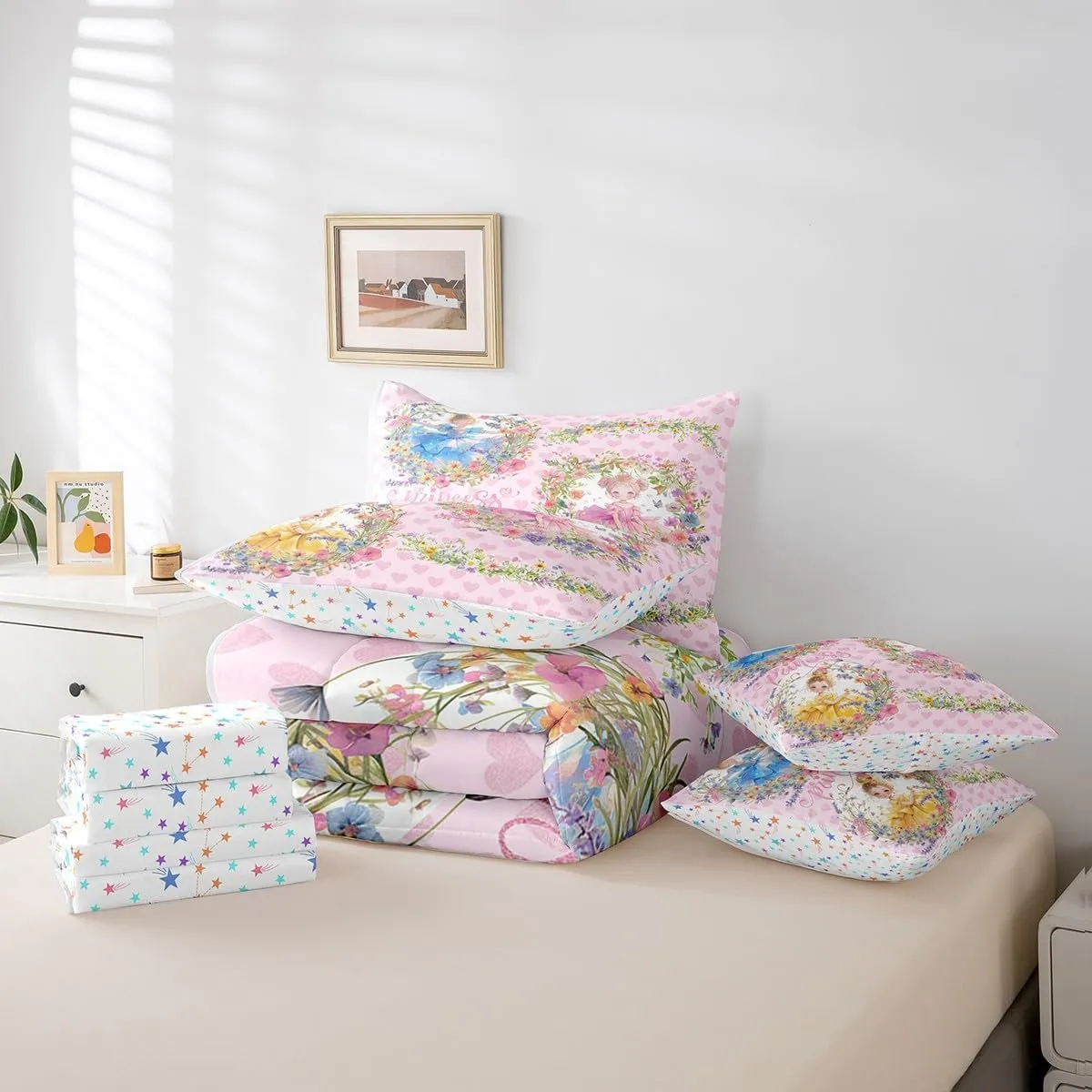 Feelyou Princess Comforter Set 7 Pieces Queen Size for Kids Boys Girls Cute Kawaii Bedding Set Floral Flower Bed in a Bag,Comforter   Sheets   Pillowcases   Cushion Covers