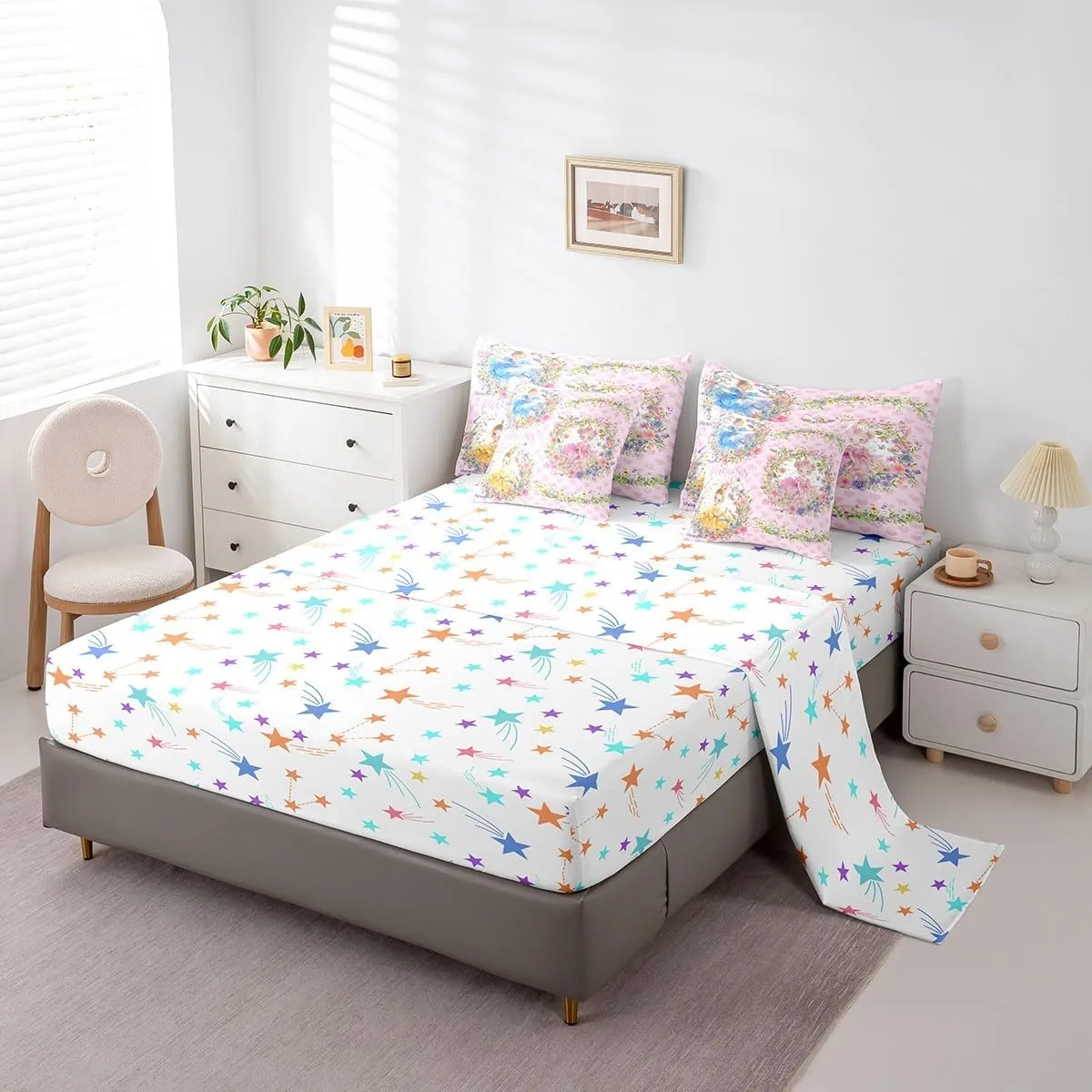 Feelyou Princess Comforter Set 7 Pieces Queen Size for Kids Boys Girls Cute Kawaii Bedding Set Floral Flower Bed in a Bag,Comforter   Sheets   Pillowcases   Cushion Covers