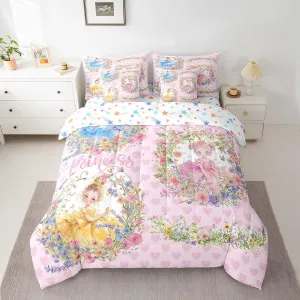 Feelyou Princess Comforter Set 7 Pieces Queen Size for Kids Boys Girls Cute Kawaii Bedding Set Floral Flower Bed in a Bag,Comforter   Sheets   Pillowcases   Cushion Covers