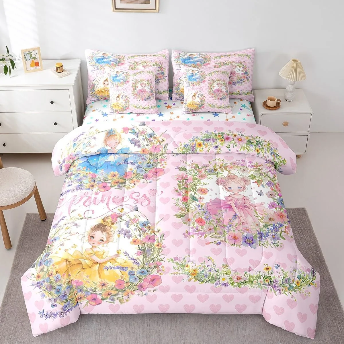 Feelyou Princess Comforter Set 7 Pieces Queen Size for Kids Boys Girls Cute Kawaii Bedding Set Floral Flower Bed in a Bag,Comforter   Sheets   Pillowcases   Cushion Covers