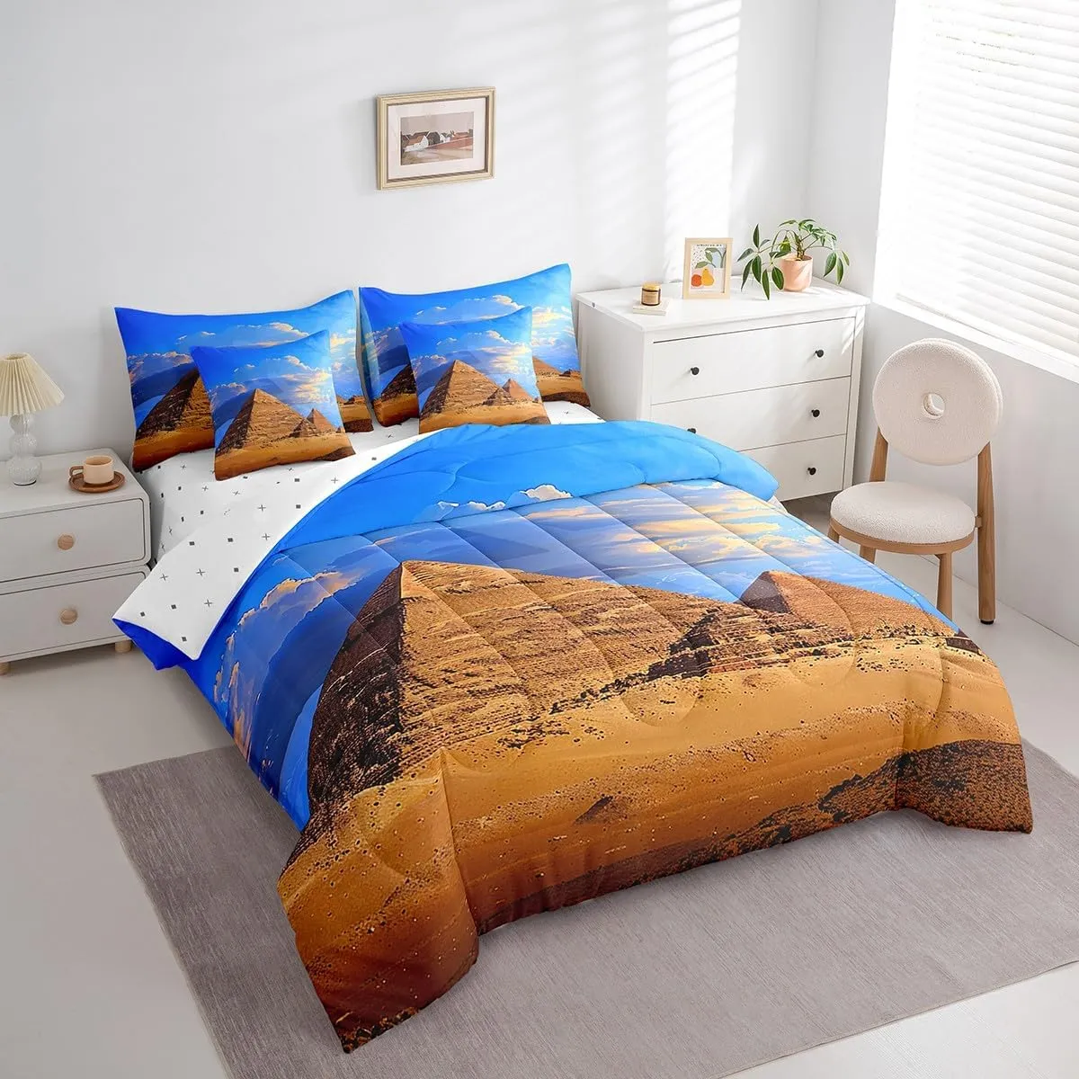 Feelyou Queen Comforter Set 7 Pcs Pyramid Print Bedding Set Ancient Egypt Theme Bed in a Bag Famous Egyptian Cityscape Comforter Adults Egypt Culture Bed Set with Sheets, Pillowcases, Pillow Covers