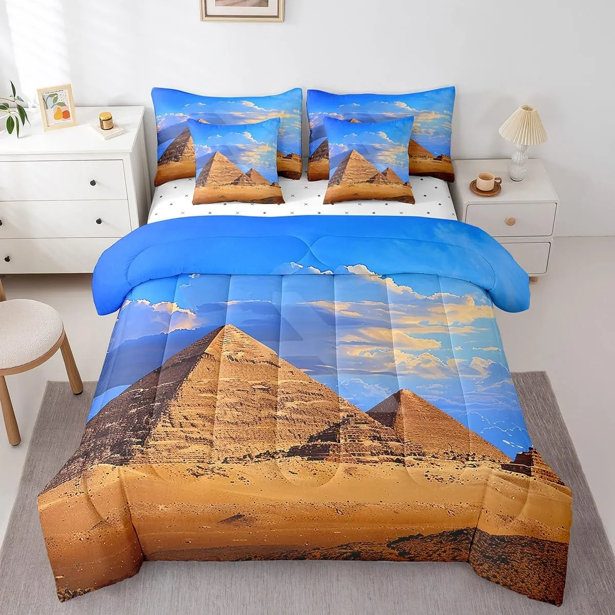 Feelyou Queen Comforter Set 7 Pcs Pyramid Print Bedding Set Ancient Egypt Theme Bed in a Bag Famous Egyptian Cityscape Comforter Adults Egypt Culture Bed Set with Sheets, Pillowcases, Pillow Covers