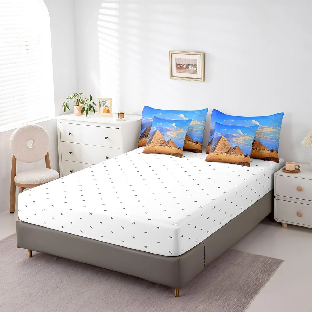Feelyou Queen Comforter Set 7 Pcs Pyramid Print Bedding Set Ancient Egypt Theme Bed in a Bag Famous Egyptian Cityscape Comforter Adults Egypt Culture Bed Set with Sheets, Pillowcases, Pillow Covers